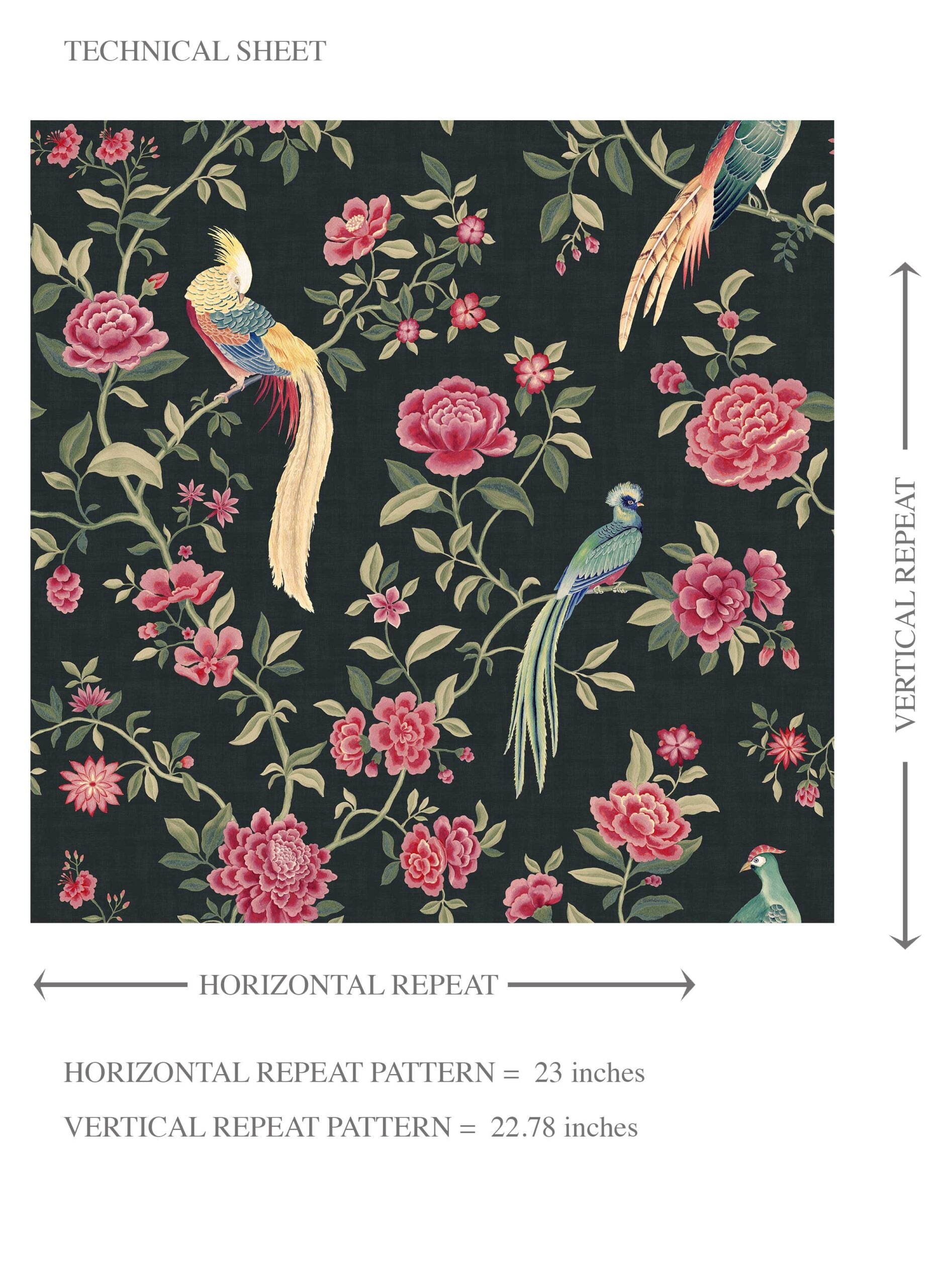 Floral Chinoiserie/ Nature Bird Print Kids Room Wallpaper Sample (Black/ Pink/ Green/ Blue/ Yellow)