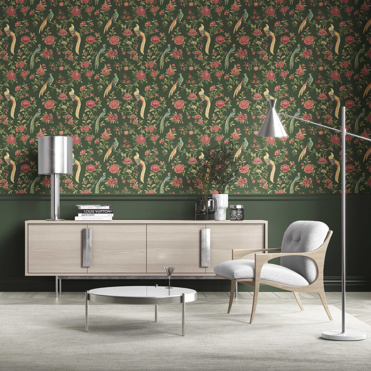 Floral Chinoiserie/ Nature Bird Print Kitchen Wallpaper Sample (Green/ Pink/ Yellow)