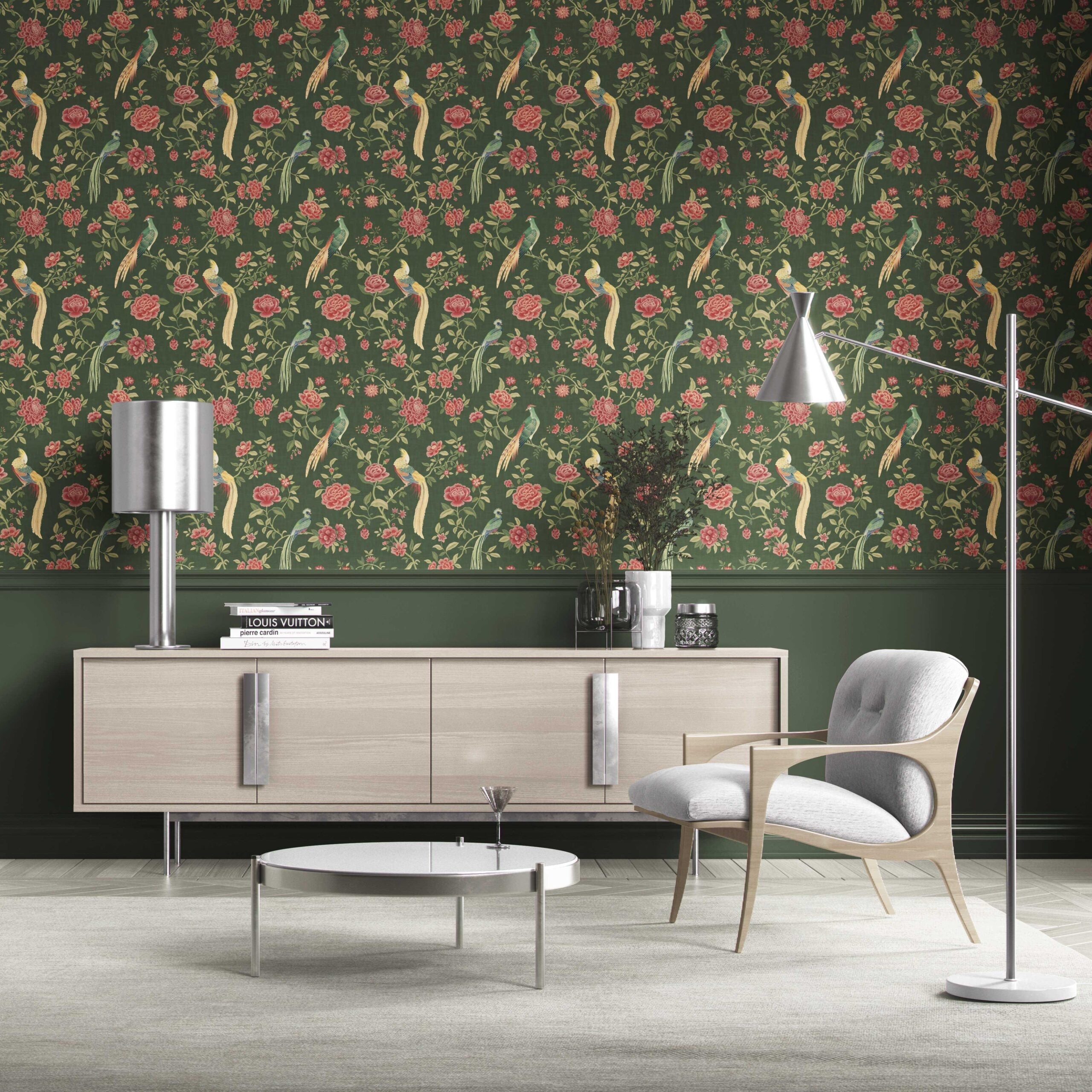 Floral Chinoiserie/ Nature Bird Print Kitchen Wallpaper Sample (Green/ Pink/ Yellow)