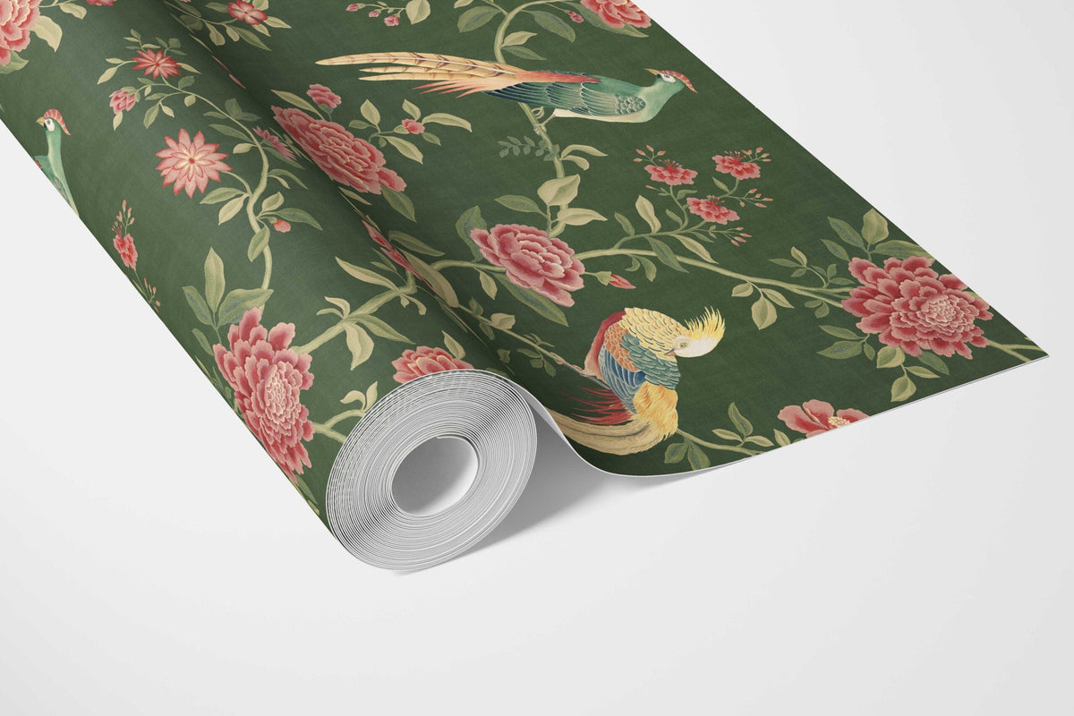 Floral Chinoiserie/ Nature Bird Print Bathroom Wallpaper Sample (Green/ Pink/ Yellow)
