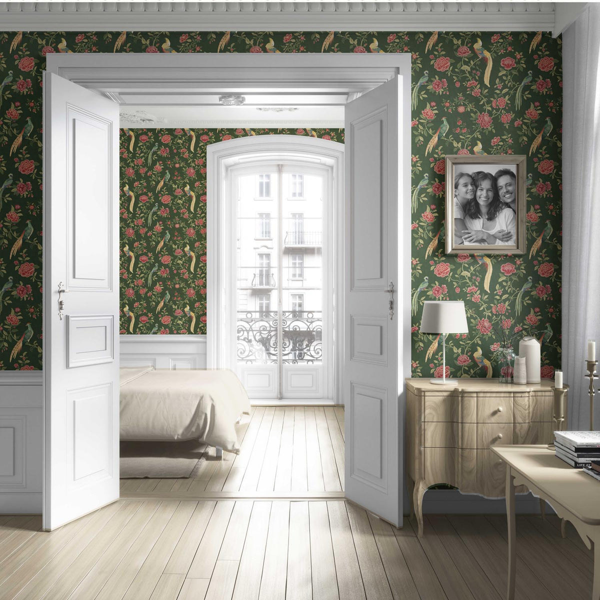 Floral Chinoiserie/ Nature Bird Print Living Room Wallpaper Sample (Green/ Pink/ Yellow)