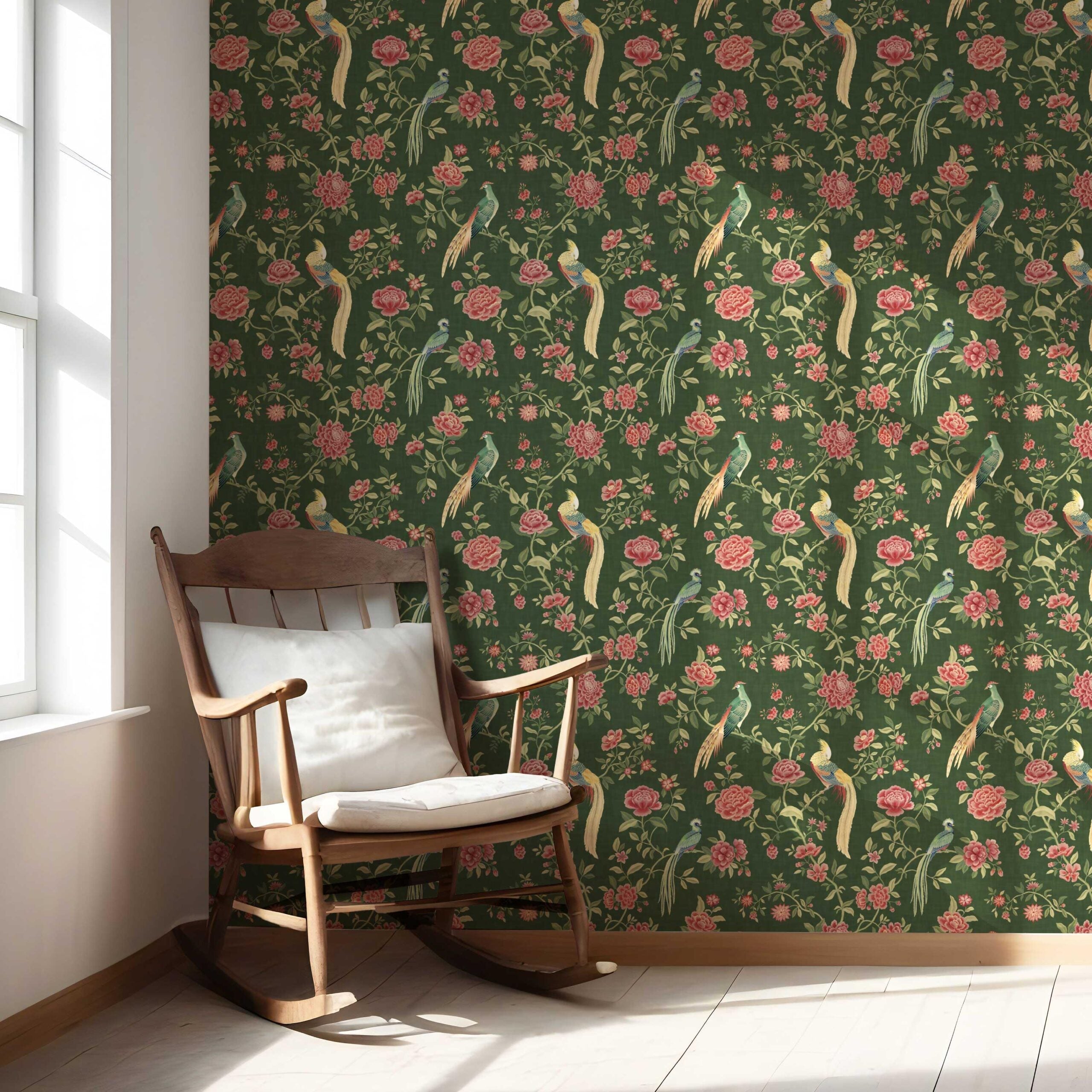 Floral Chinoiserie/ Nature Bird Print Nursery Wallpaper Sample (Green/ Pink/ Yellow)