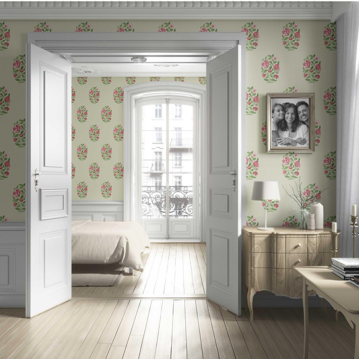 Floral Block Print Living Room Wallpaper Sample (Sage Green/ Pink-Red)