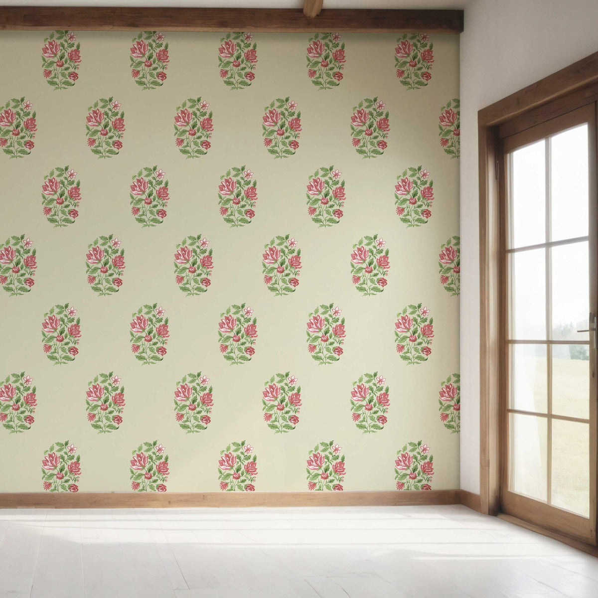 Floral Block Print Bedroom Wallpaper (Sage Green/ Pink-Red)