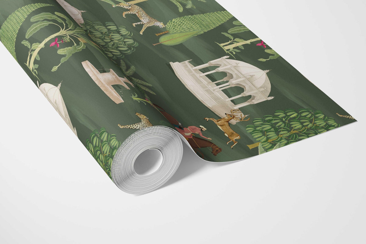 Vintage Heritage/ Ethnic Chinoiserie Bathroom Wallpaper Sample (Green/ White/ Brown/ Red)