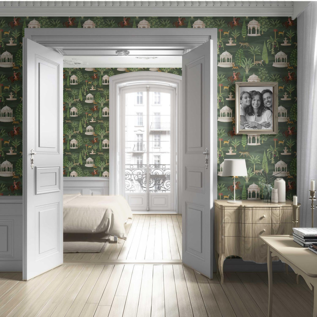 Vintage Heritage/ Ethnic Chinoiserie Living Room Wallpaper Sample (Green/ White/ Brown/ Red)