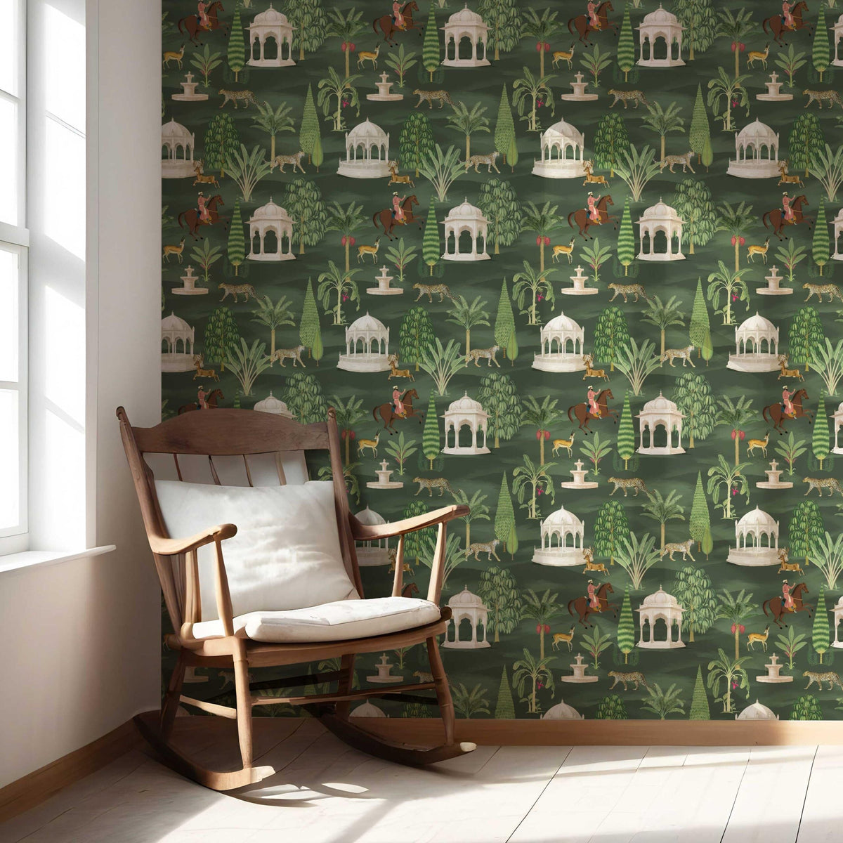 Vintage Heritage/ Ethnic Chinoiserie Nursery Wallpaper Sample (Green/ White/ Brown/ Red)