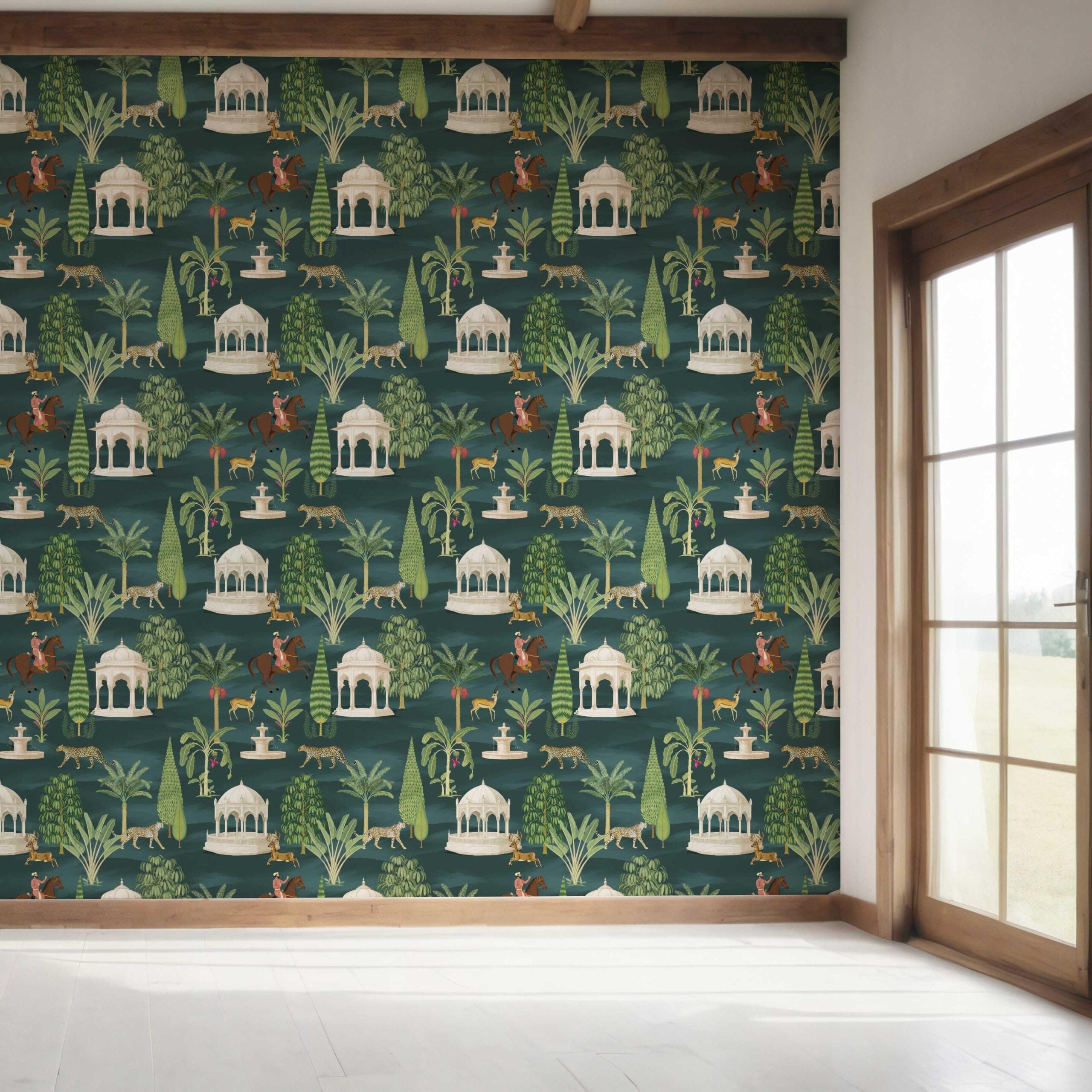 Vintage Heritage/ Ethnic Chinoiserie Bedroom Wallpaper Sample (Teal Green/ White/ Brown/ Red)