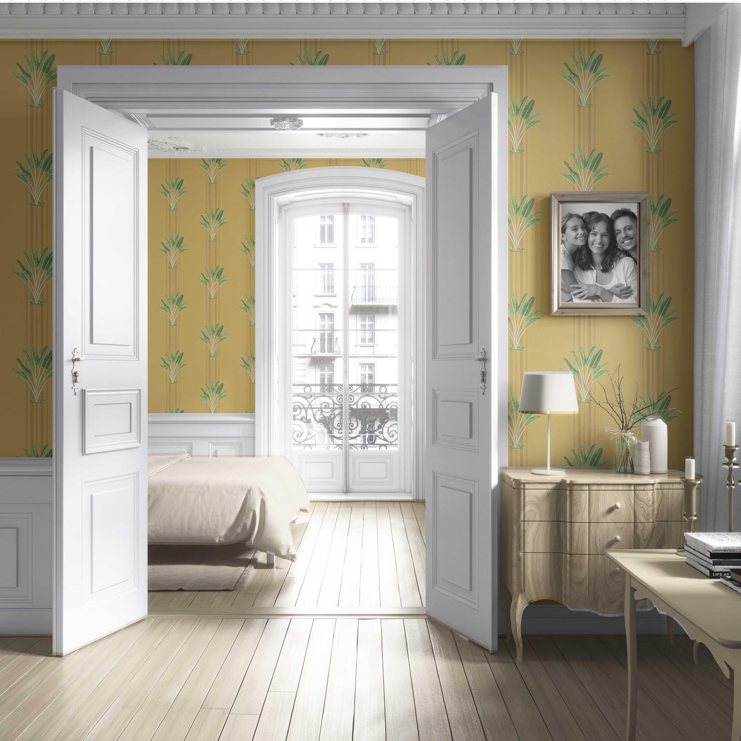 Botanical/ Floral Block Print Living Room Wallpaper Sample (Yellow/ Green)
