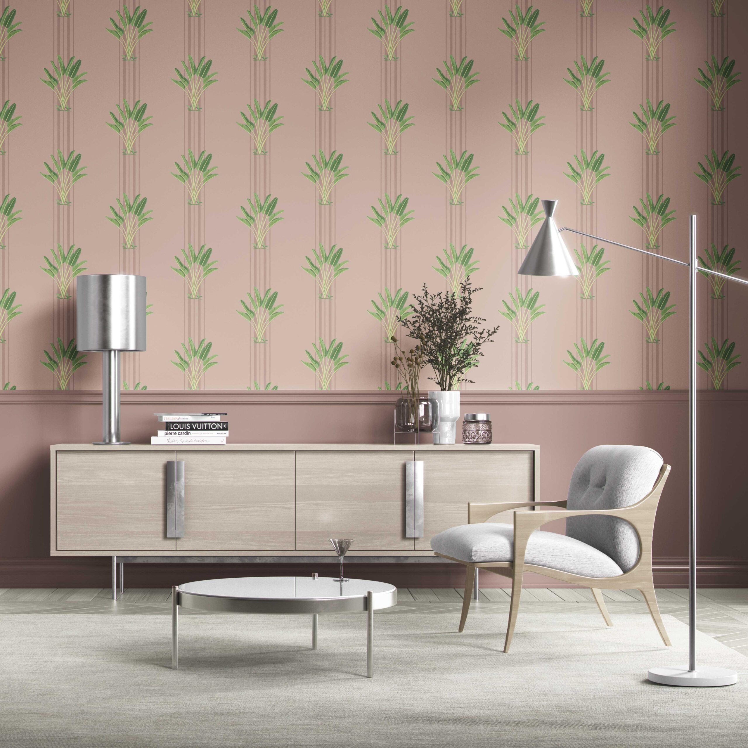 Botanical/ Floral Block Print Traditional Wallpaper (Pink/ Green)