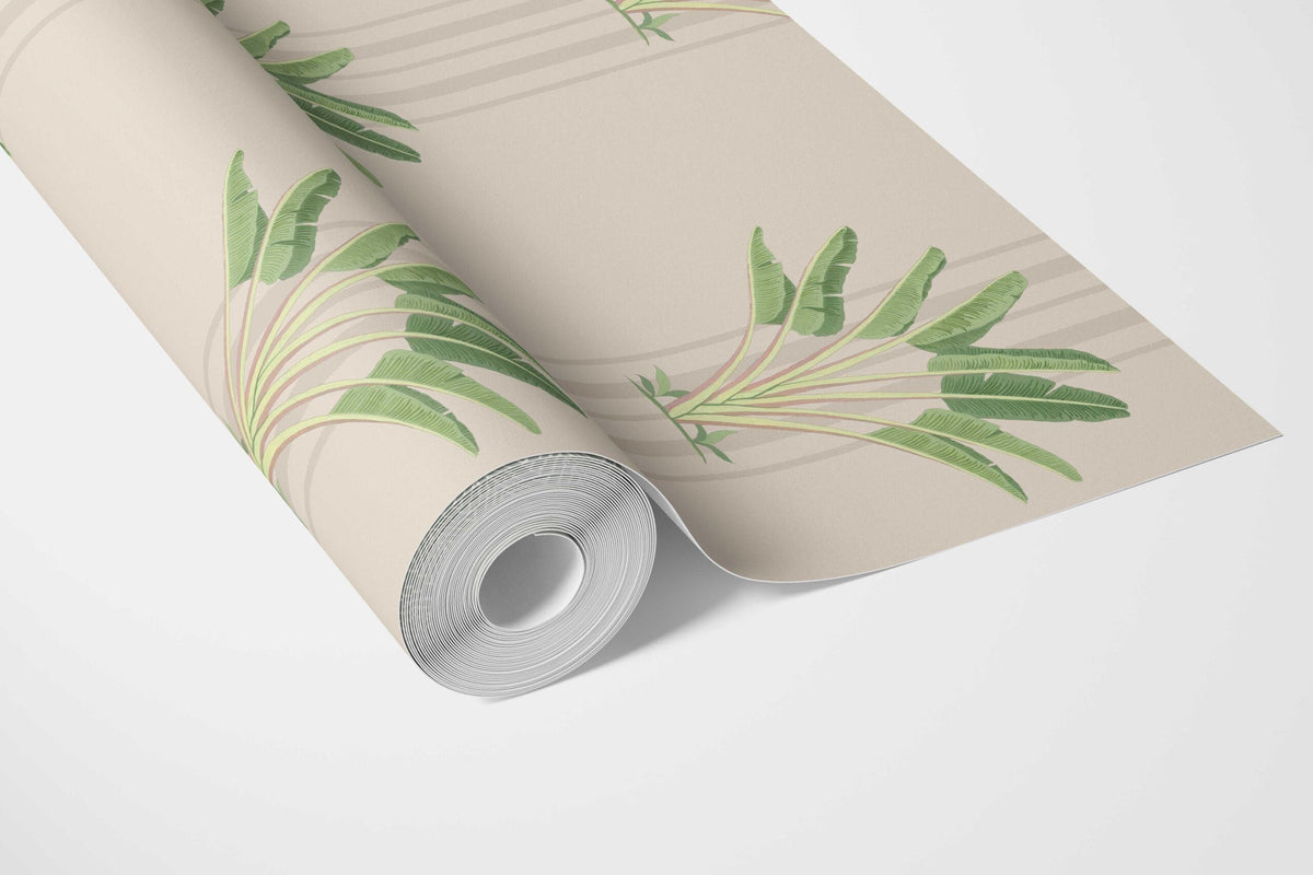 Botanical/ Floral Block Print Bathroom Wallpaper Sample (Beige/ Cream/ Green)