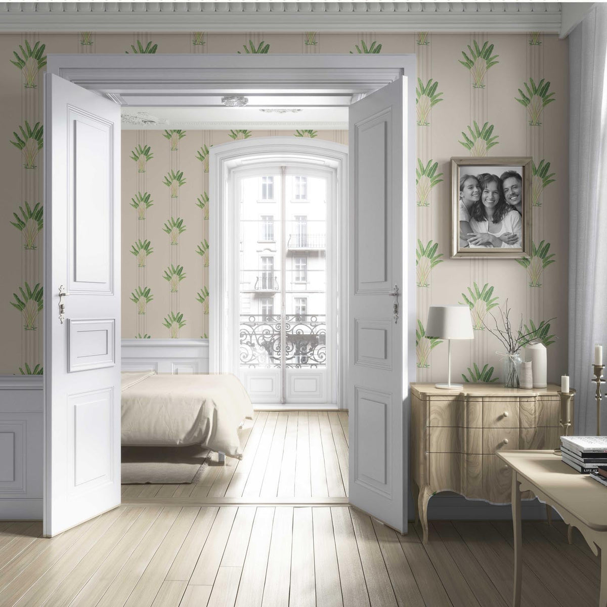 Botanical/ Floral Block Print Living Room Wallpaper (Beige/ Cream/ Green)