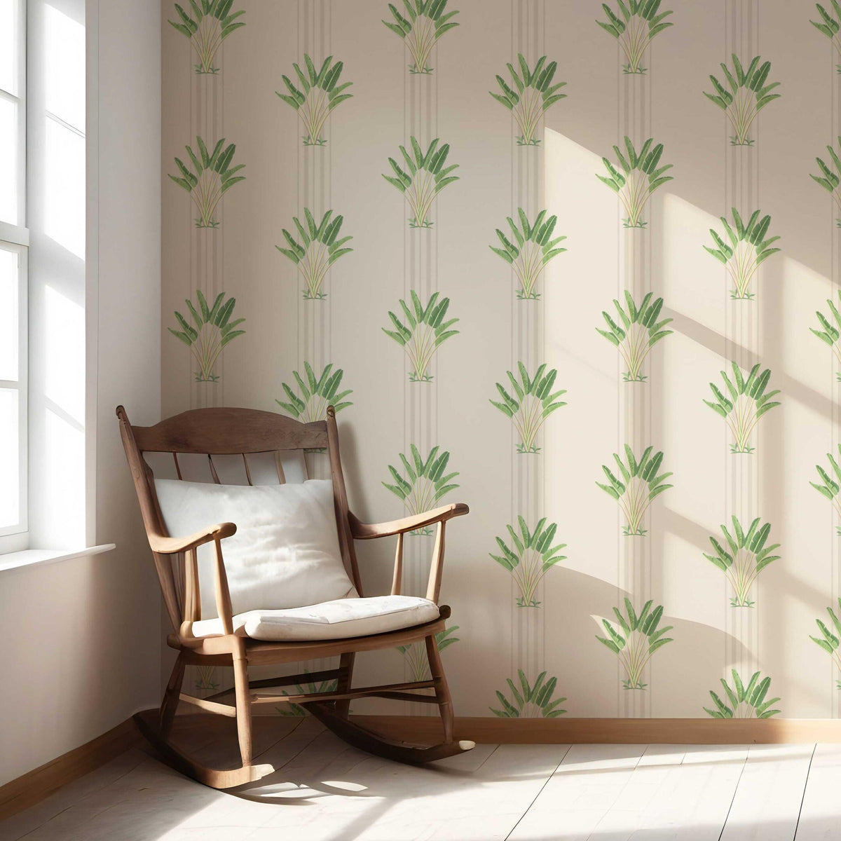 Botanical/ Floral Block Print Nursery Wallpaper Sample (Beige/ Cream/ Green)