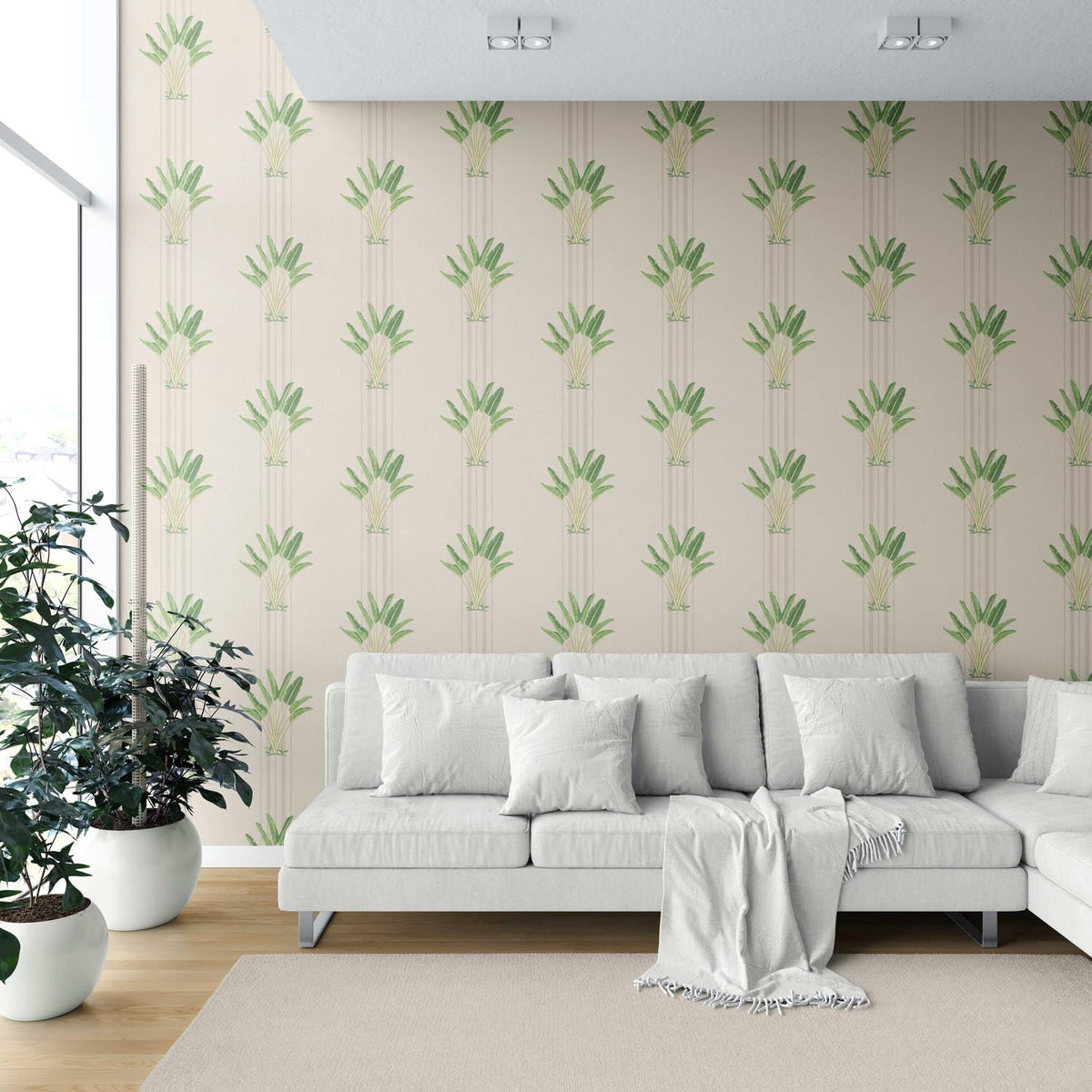 Botanical/ Floral Block Print Shower Toilet Wallpaper Sample (Beige/ Cream/ Green)