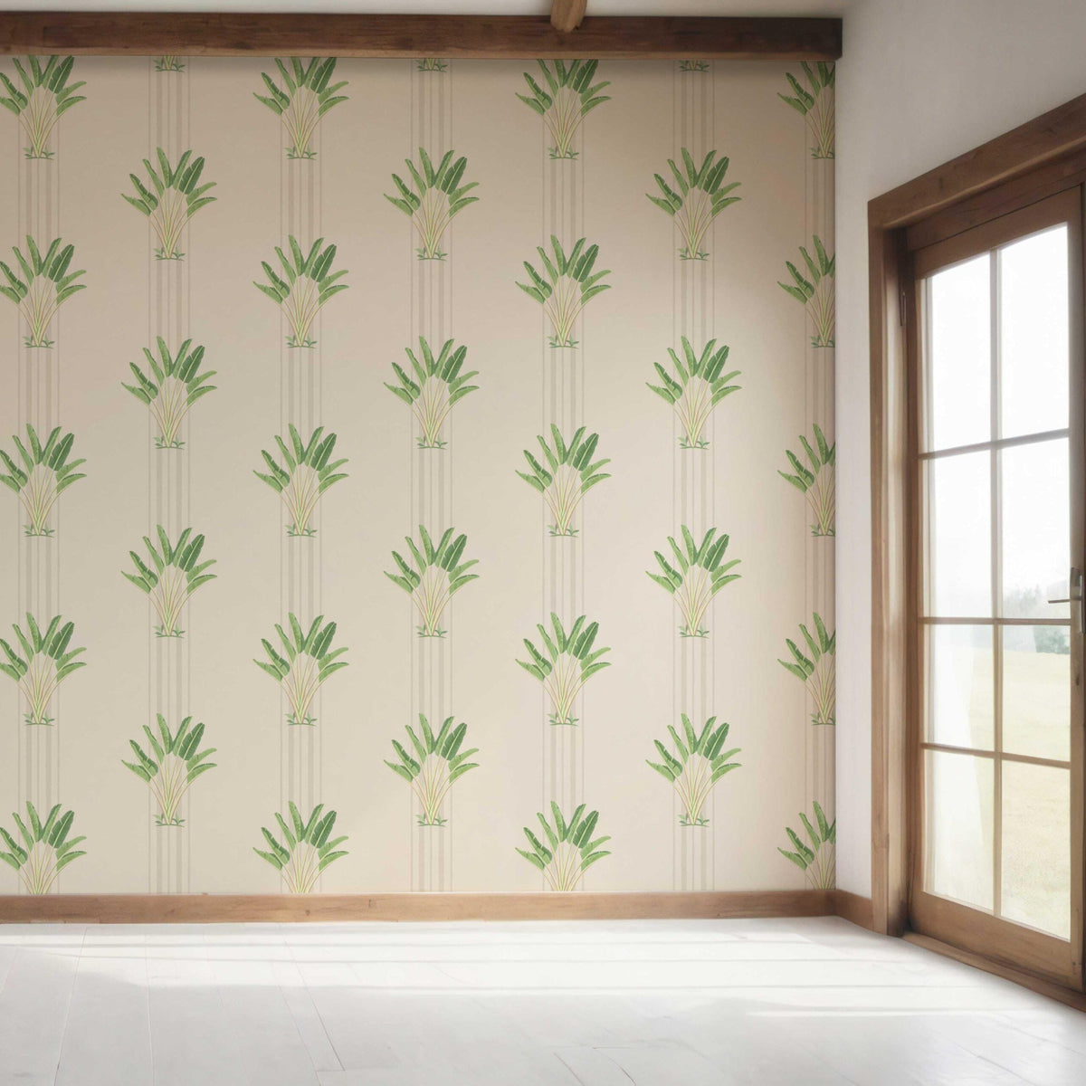 Botanical/ Floral Block Print Bedroom Wallpaper Sample (Beige/ Cream/ Green)