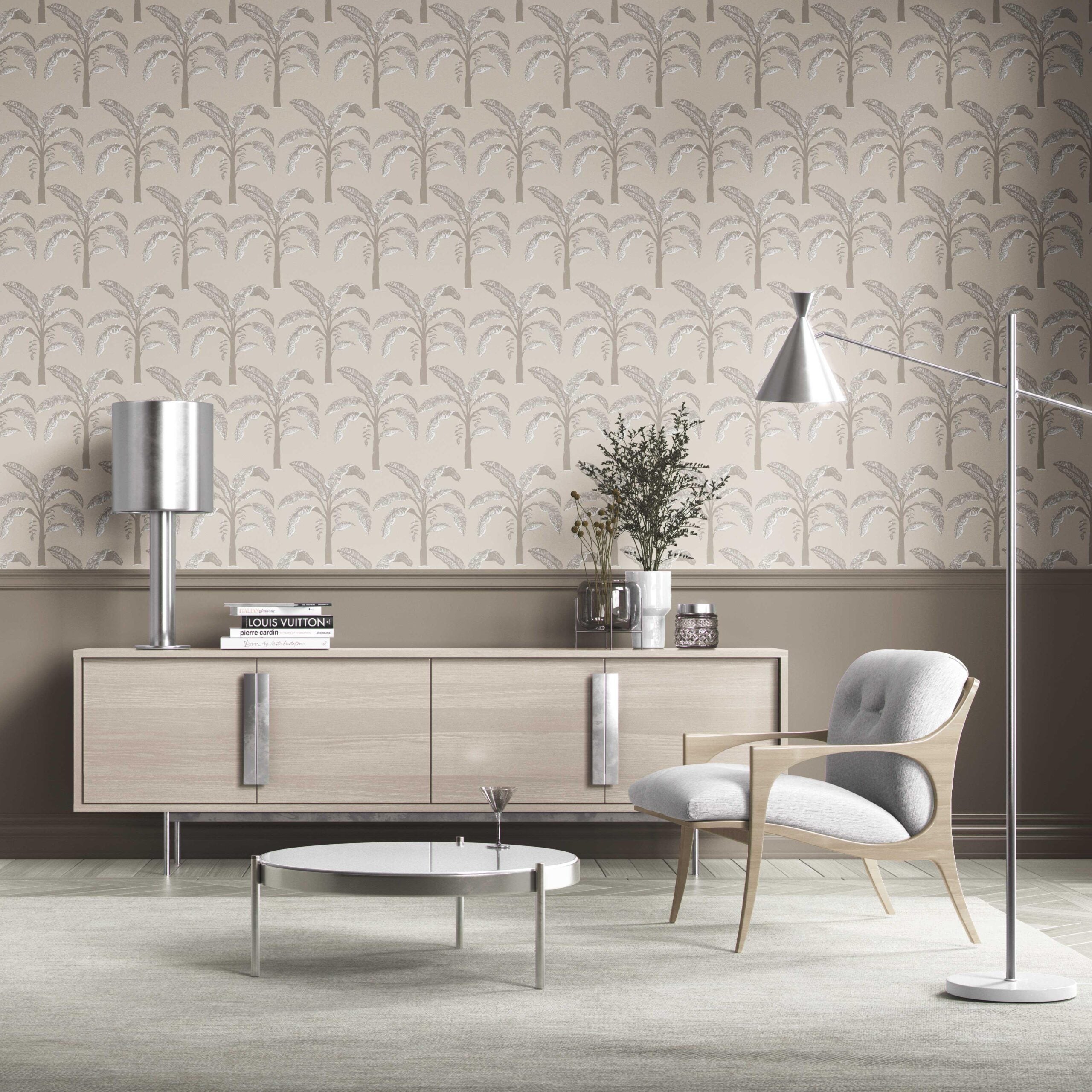 Floral/ Botanical Palm Trees Patterned Kitchen Wallpaper Sample (Palm Beige/ Gray/ Soft Taupe)