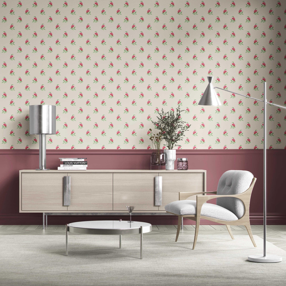 Vintage-Inspired Floral Block Print Bathroom Wallpaper (Pink/ Green/ Beige)