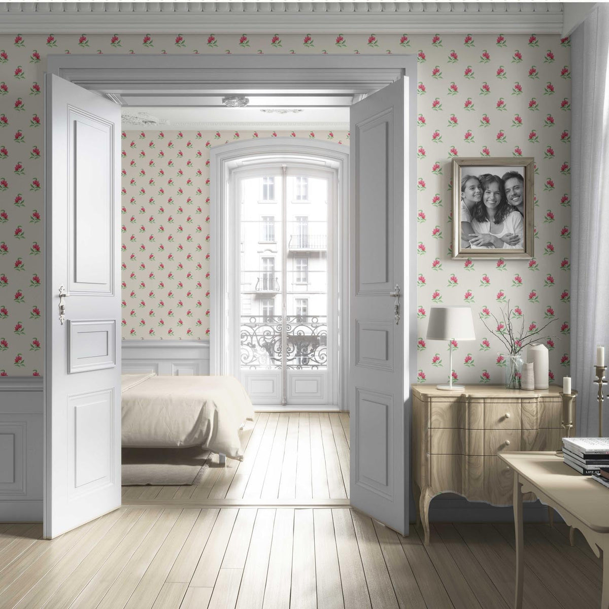 Vintage-Inspired Floral Block Print Living Room Wallpaper (Pink/ Green/ Beige)