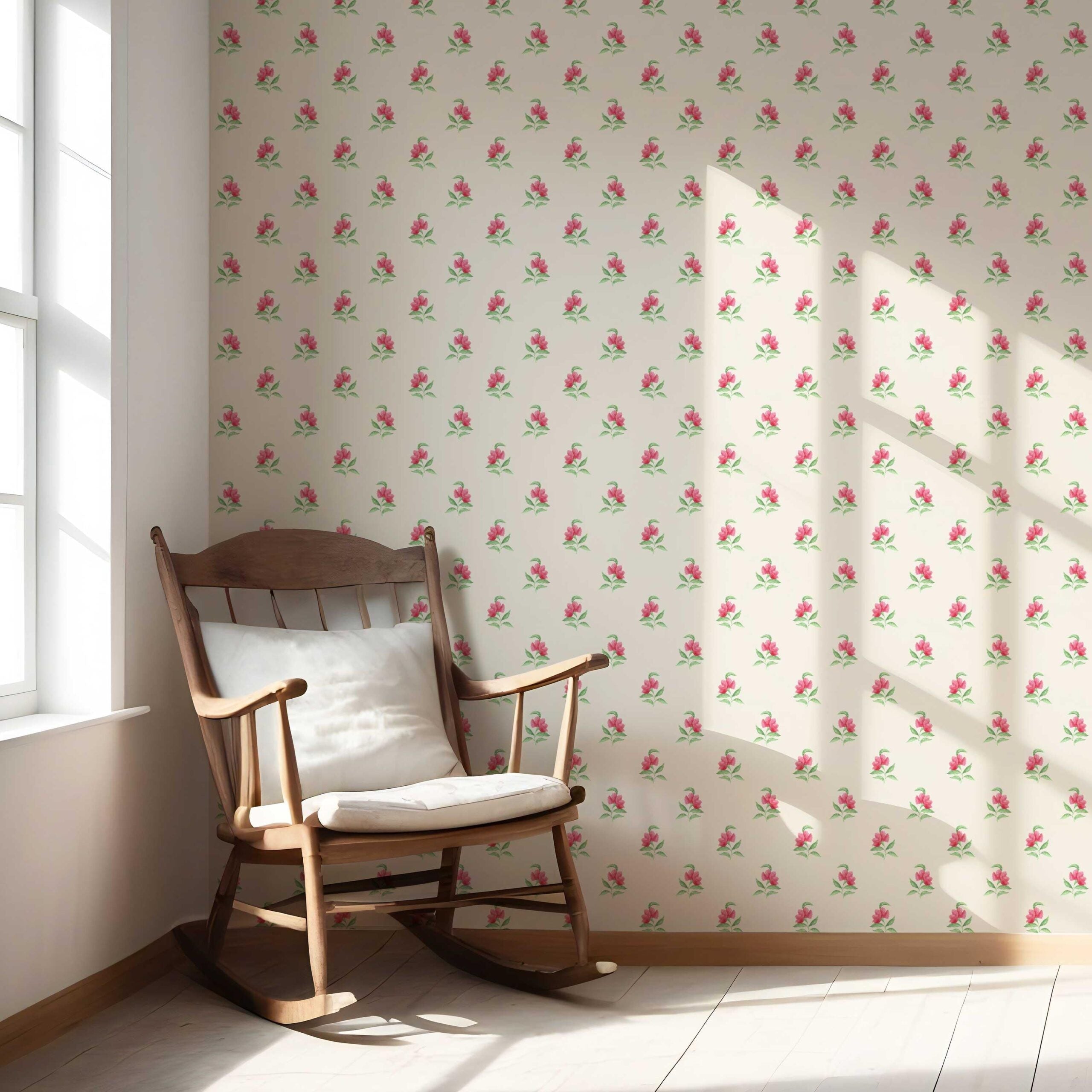 Vintage-Inspired Floral Block Print Nursery Wallpaper Sample (Pink/ Green/ Beige)