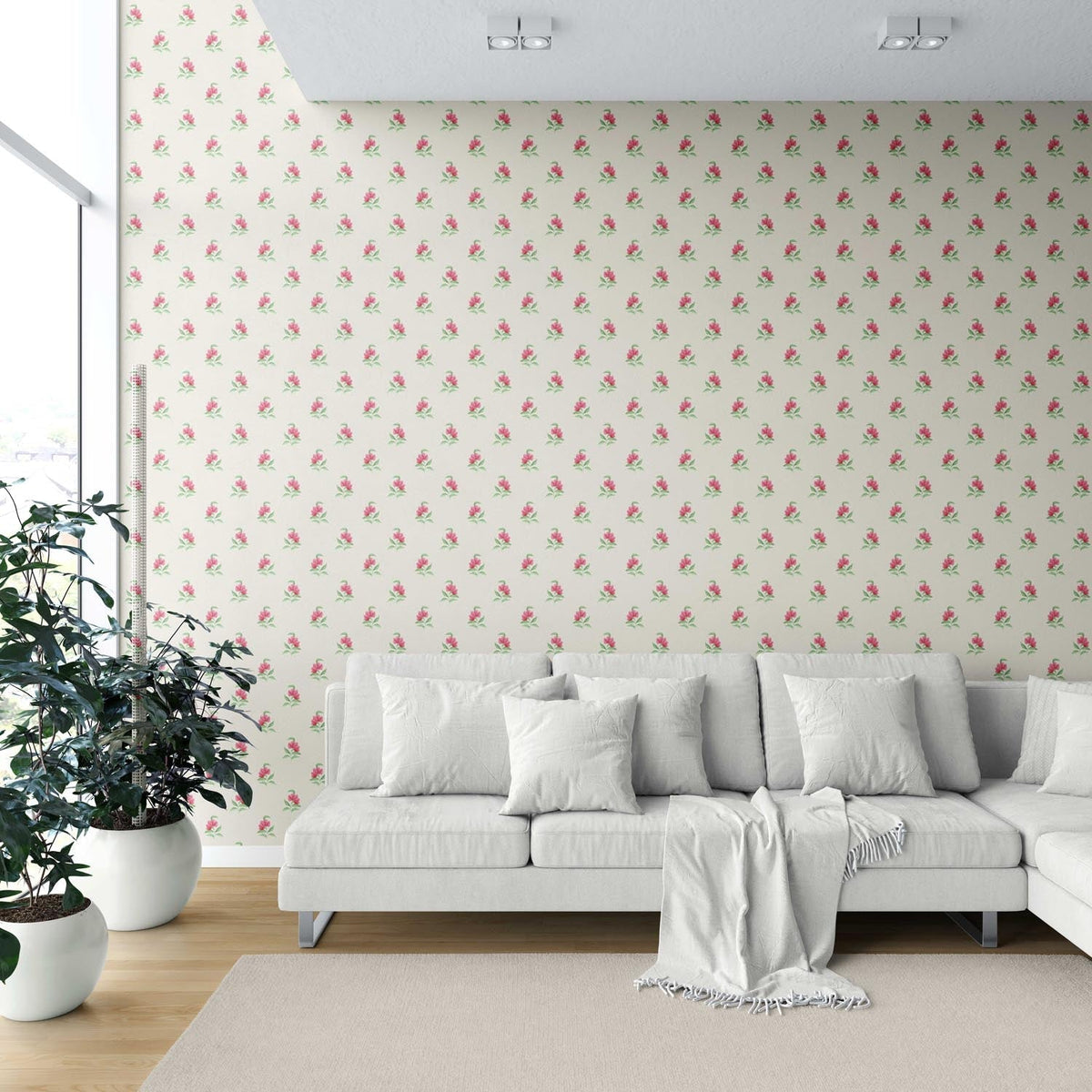 Vintage-Inspired Floral Block Print Shower Toilet Wallpaper (Pink/ Green/ Beige)