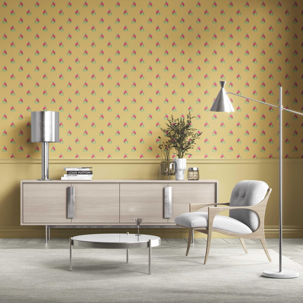 Vintage-Inspired Floral Block Print Bathroom Wallpaper Sample (Yellow/ Pink/ Green)