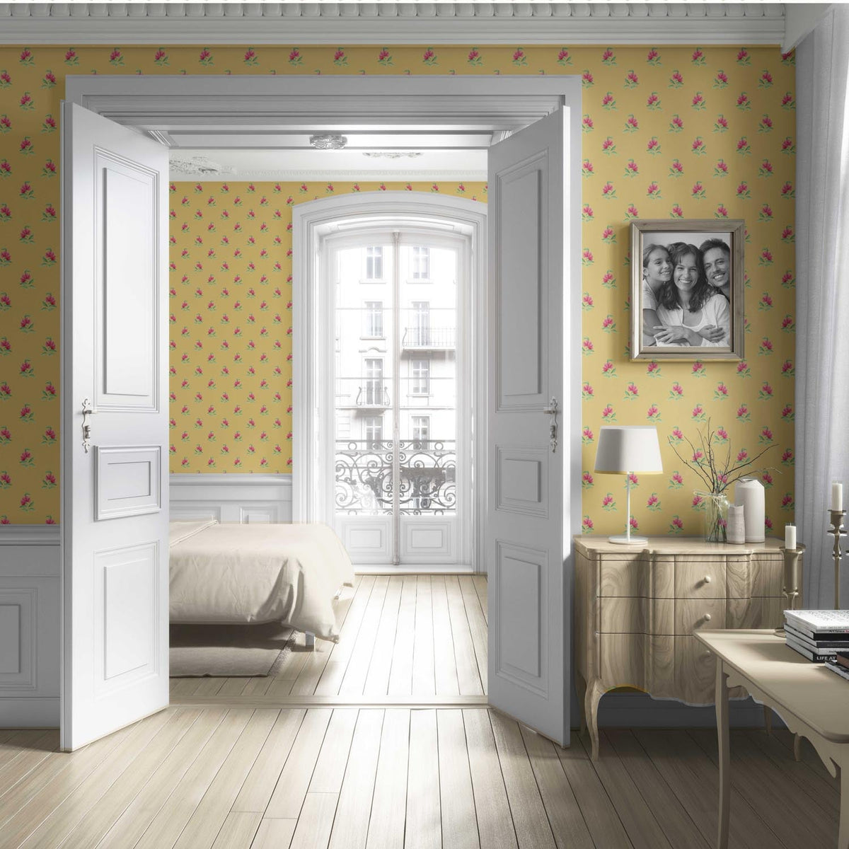 Vintage-Inspired Floral Block Print Living Room Wallpaper Sample (Yellow/ Pink/ Green)