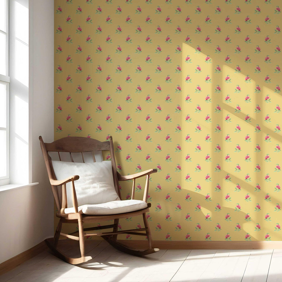 Vintage-Inspired Floral Block Print Nursery Wallpaper Sample (Yellow/ Pink/ Green)