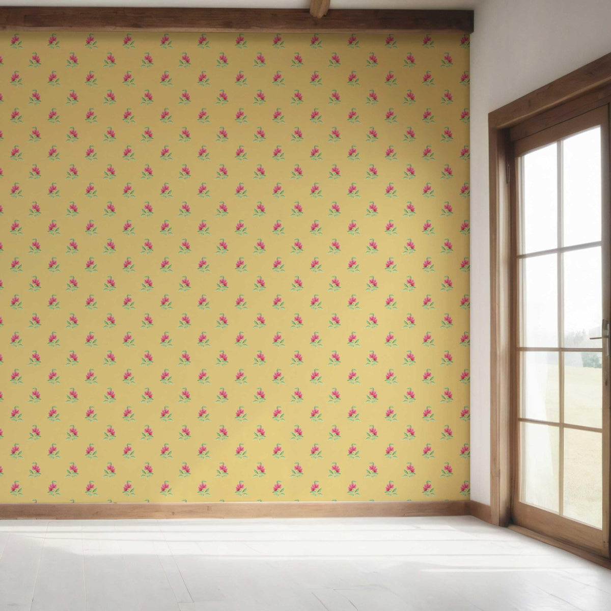 Vintage-Inspired Floral Block Print Bedroom Wallpaper (Yellow/ Pink/ Green)