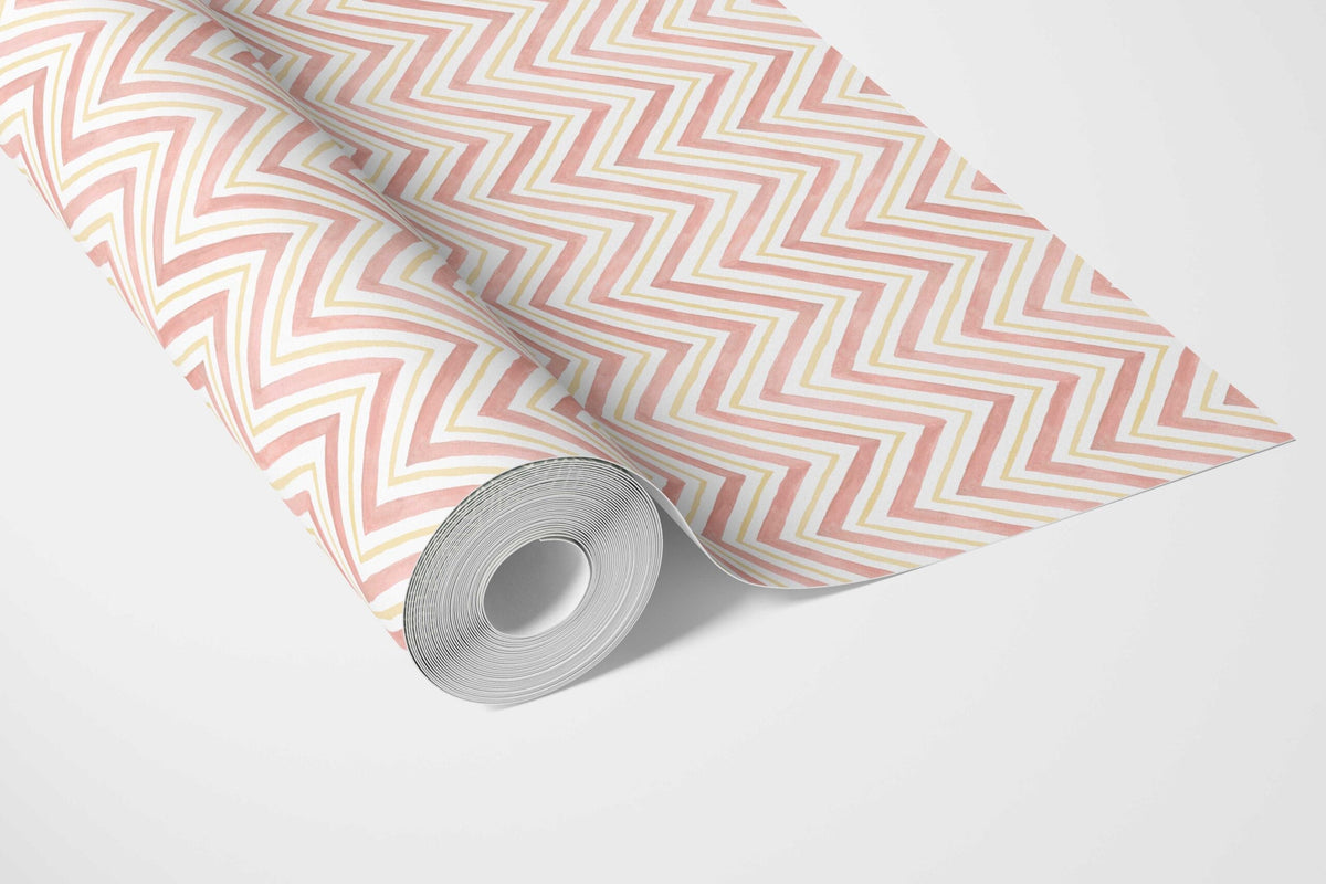 Geometric Zigzag/ Chevron Kitchen Wallpaper (Pink/ Yellow)