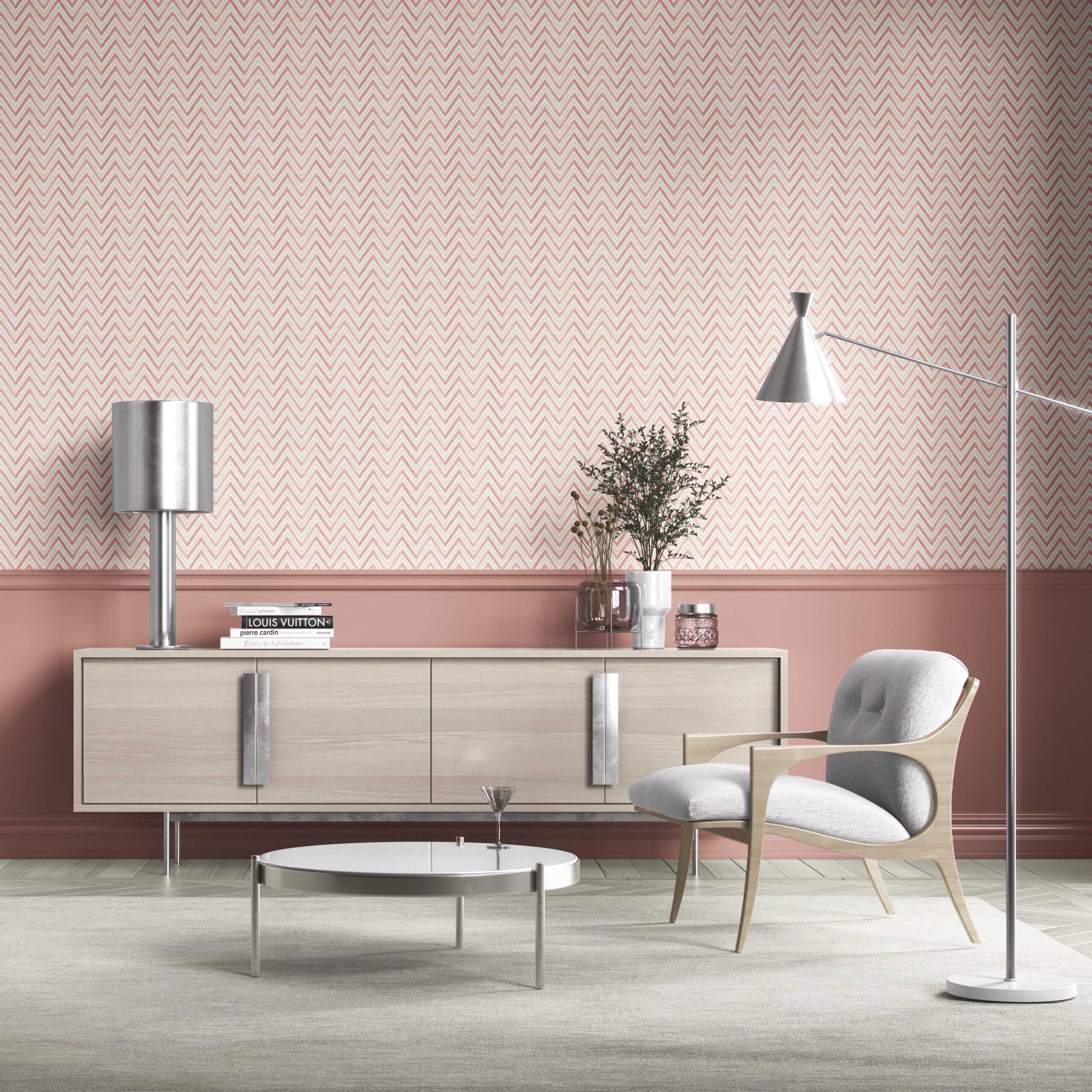 Geometric Zigzag/ Chevron Bathroom Wallpaper (Pink/ Yellow)