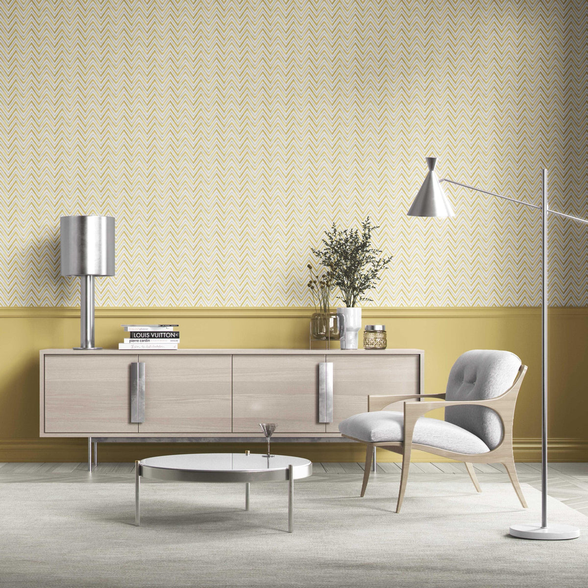 Geometric Zigzag/ Chevron Bathroom Wallpaper Sample (Yellow)