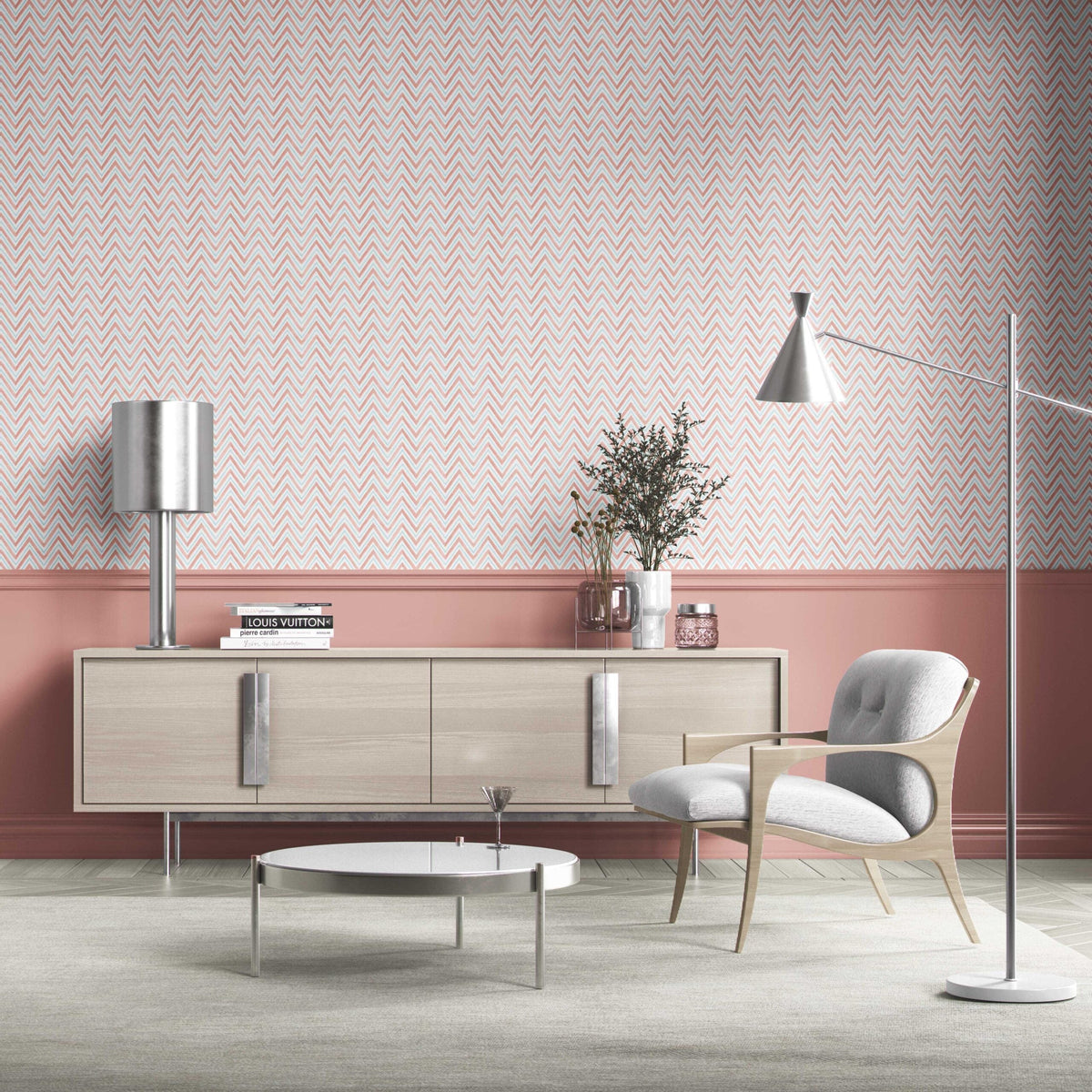 Geometric Zigzag/ Chevron Bathroom Wallpaper Sample (Coral Pink/ Blue)
