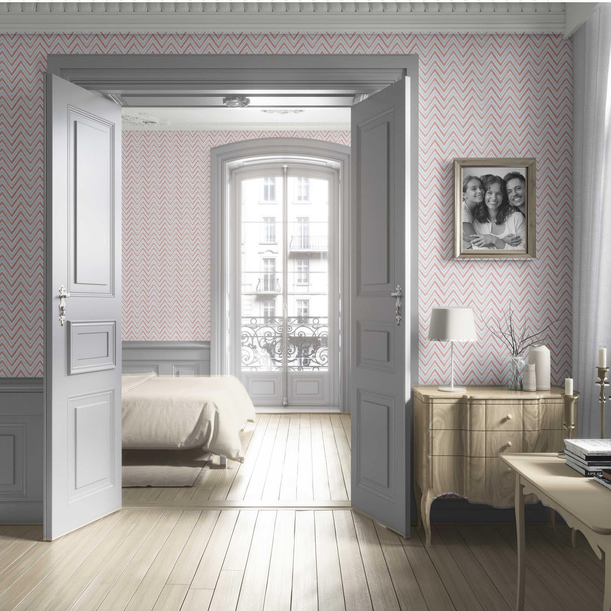 Geometric Zigzag/ Chevron Living Room Wallpaper Sample (Coral Pink/ Blue)