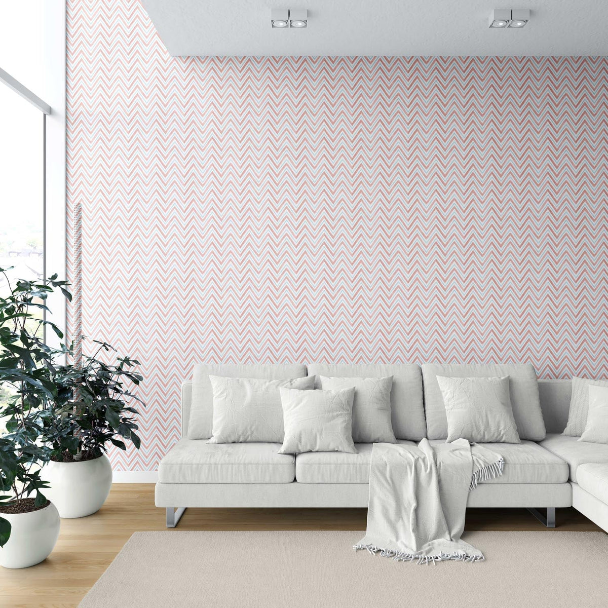 Geometric Zigzag/ Chevron Shower Toilet Wallpaper Sample (Coral Pink/ Blue)