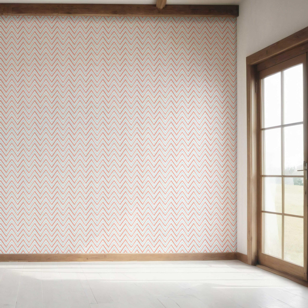 Geometric Zigzag/ Chevron Bedroom Wallpaper (Coral Pink/ Blue)