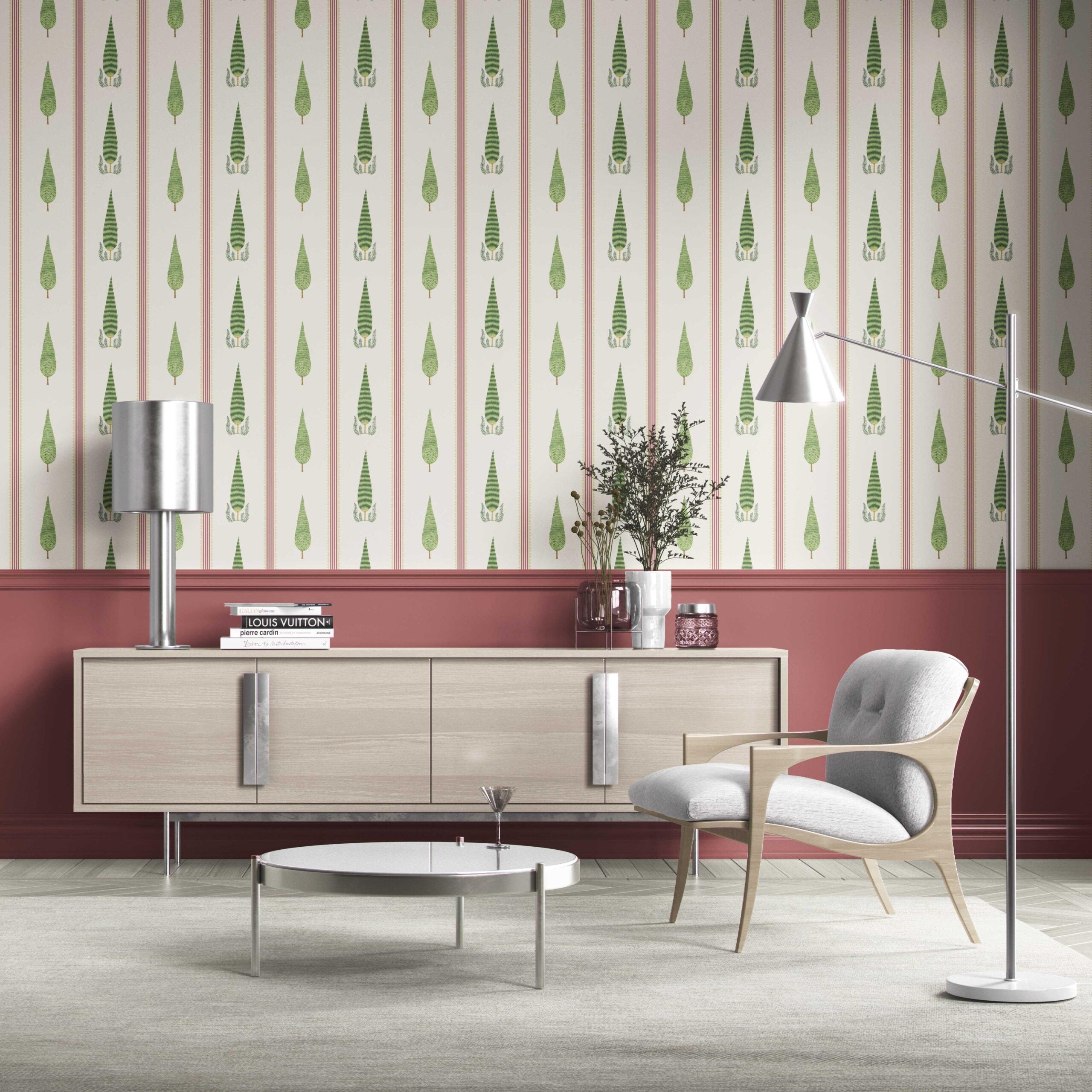Modern Floral/ Botanical Leaf Print Kitchen Wallpaper (Red/ Green/ White)