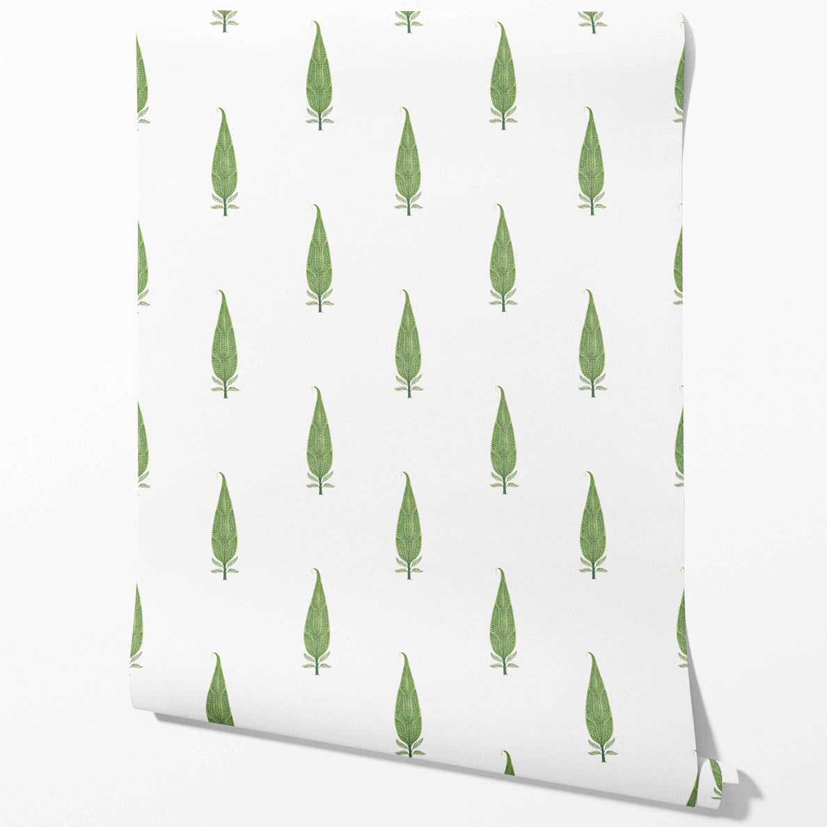 Modern Botanical Floral Block Print Traditional Wallpaper Sample (Green/ White)
