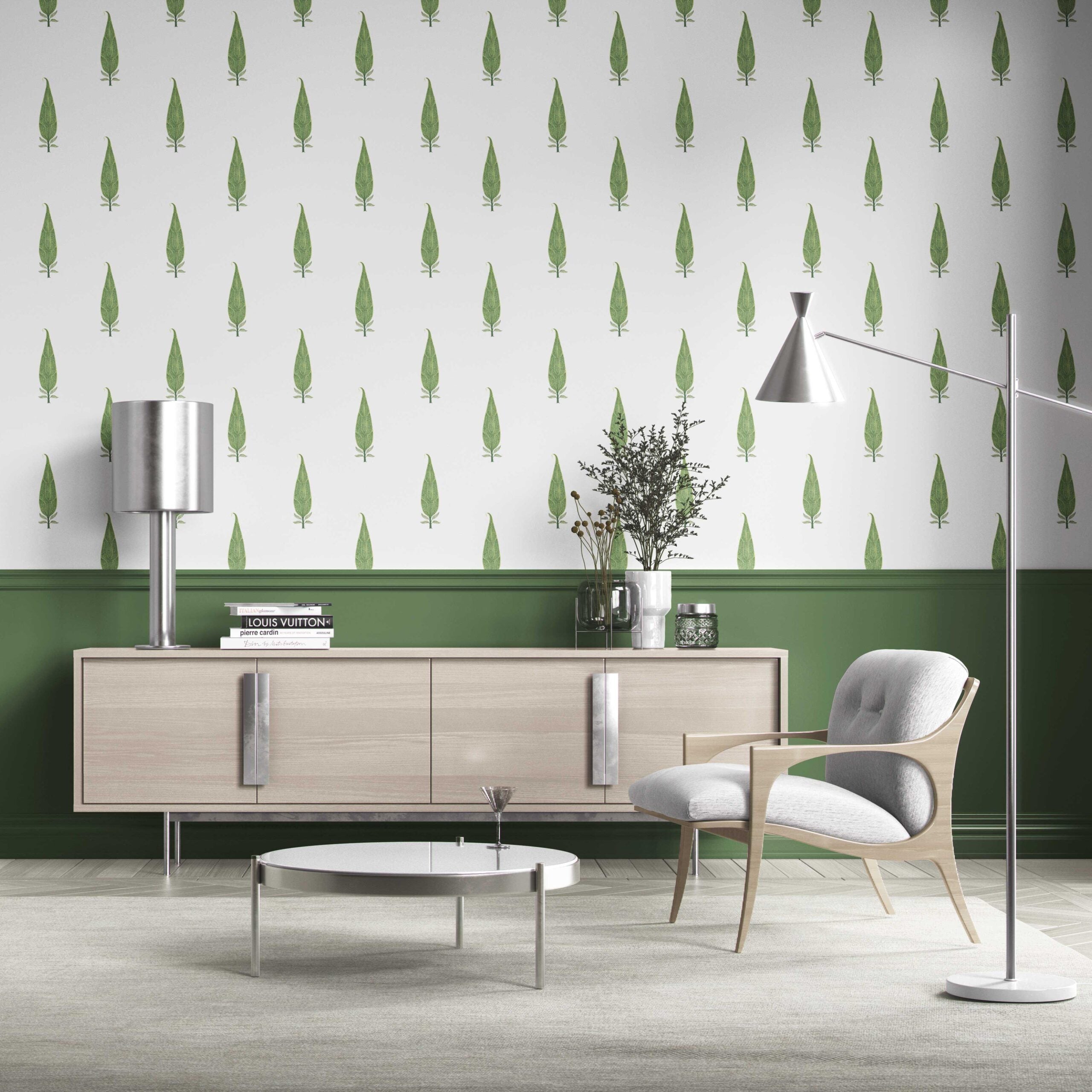 Modern Botanical Floral Block Print Kitchen Wallpaper Sample (Green/ White)