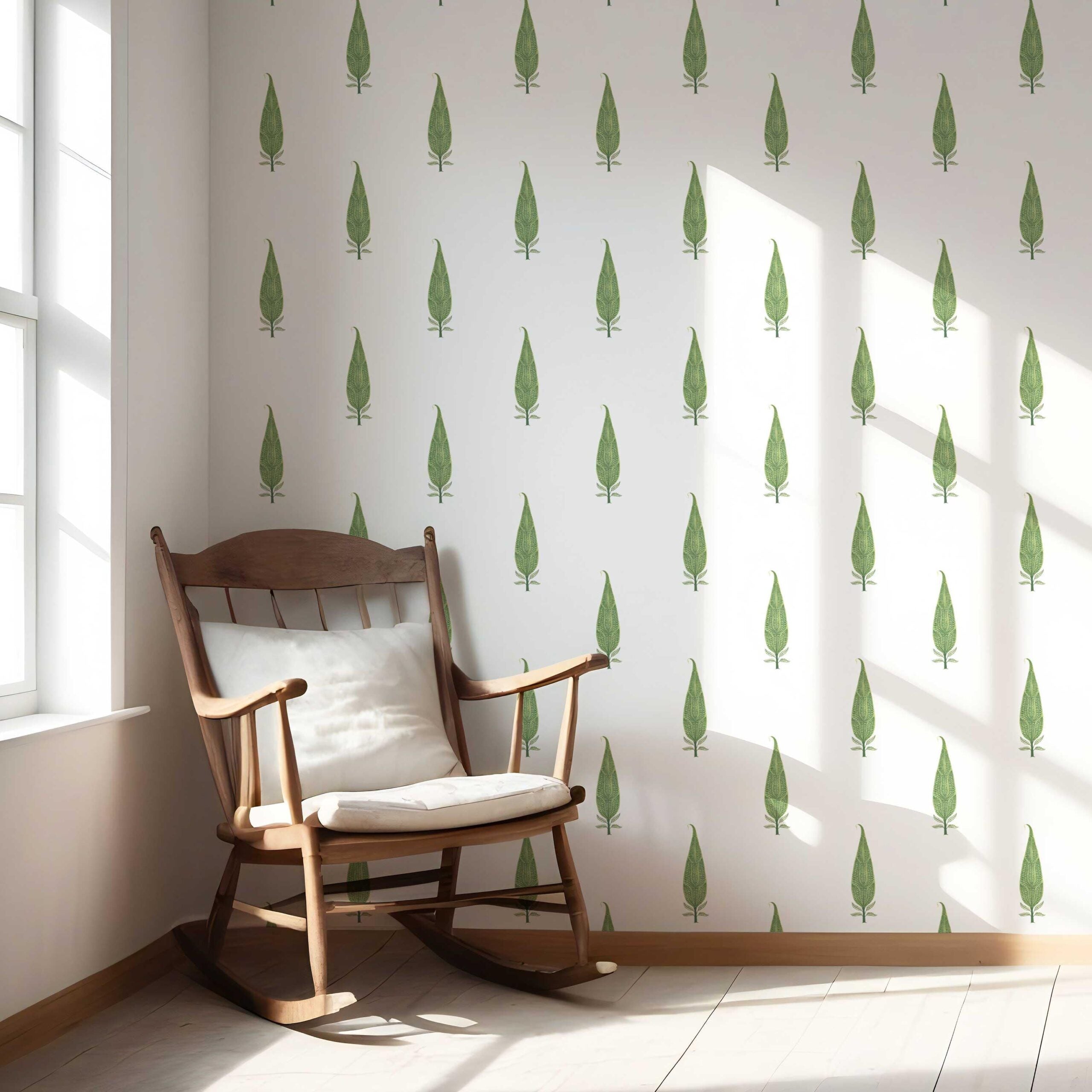 Modern Botanical Floral Block Print Nursery Wallpaper Sample (Green/ White)