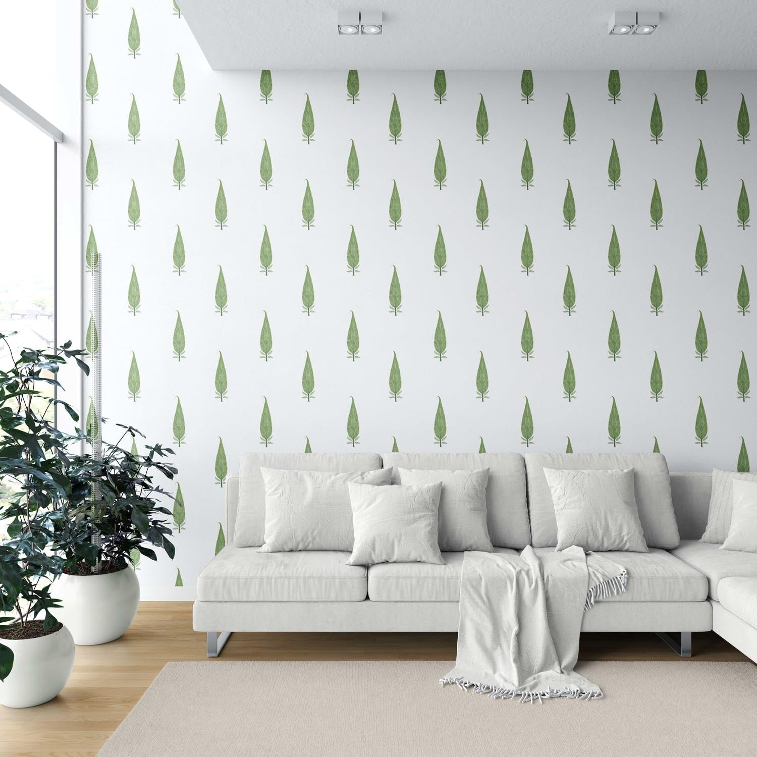 Modern Botanical Floral Block Print Shower Toilet Wallpaper Sample (Green/ White)