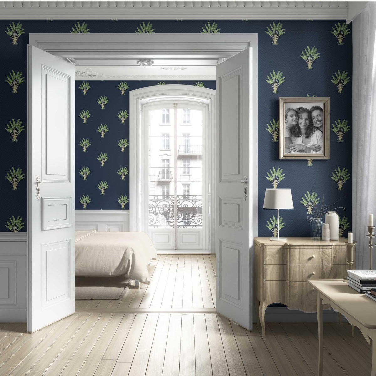 Botanical/ Floral Block Print Living Room Wallpaper (Midnight Blue/ Green)