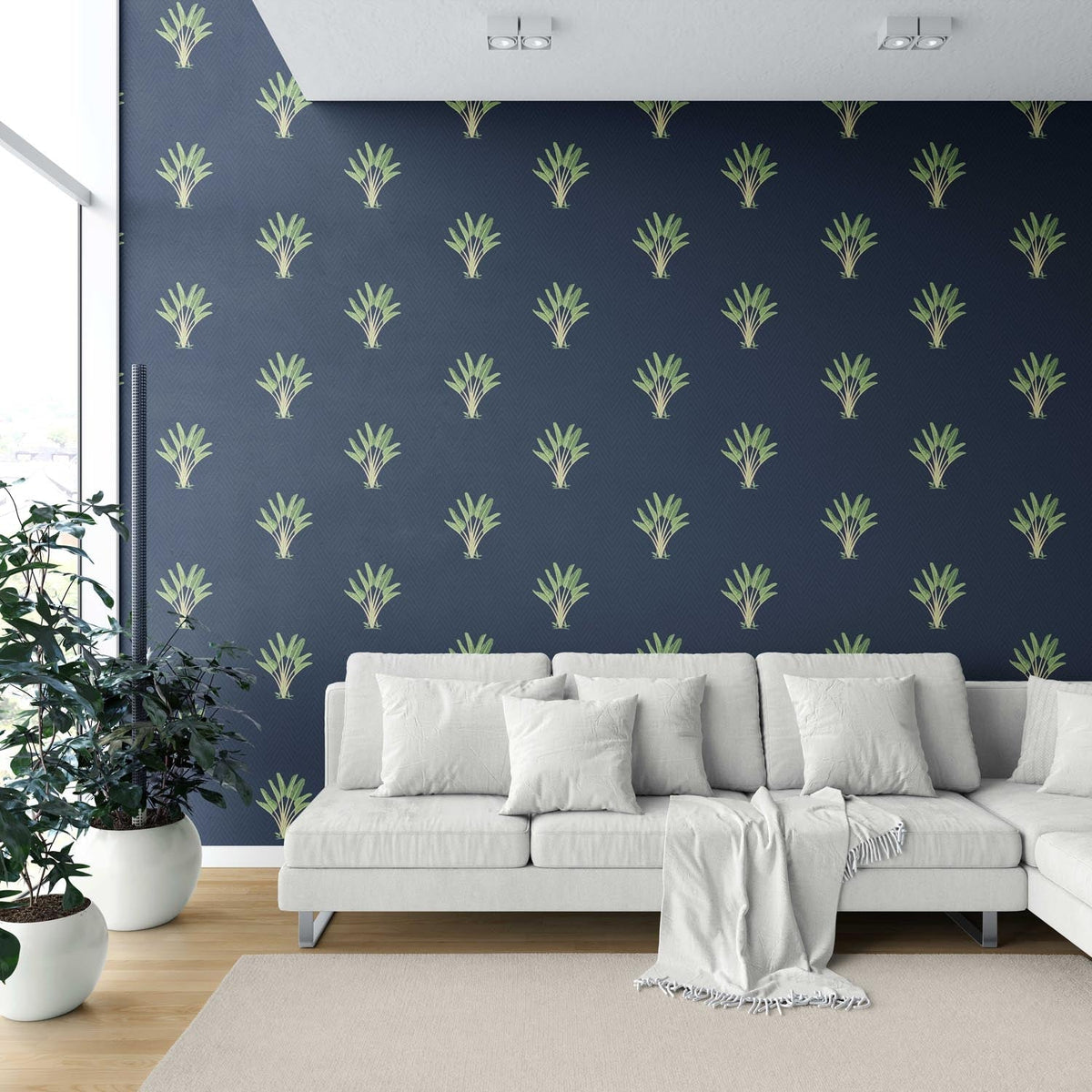Botanical/ Floral Block Print Shower Toilet Wallpaper Sample (Midnight Blue/ Green)