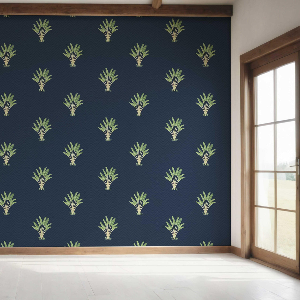 Botanical/ Floral Block Print Bedroom Wallpaper Sample (Midnight Blue/ Green)