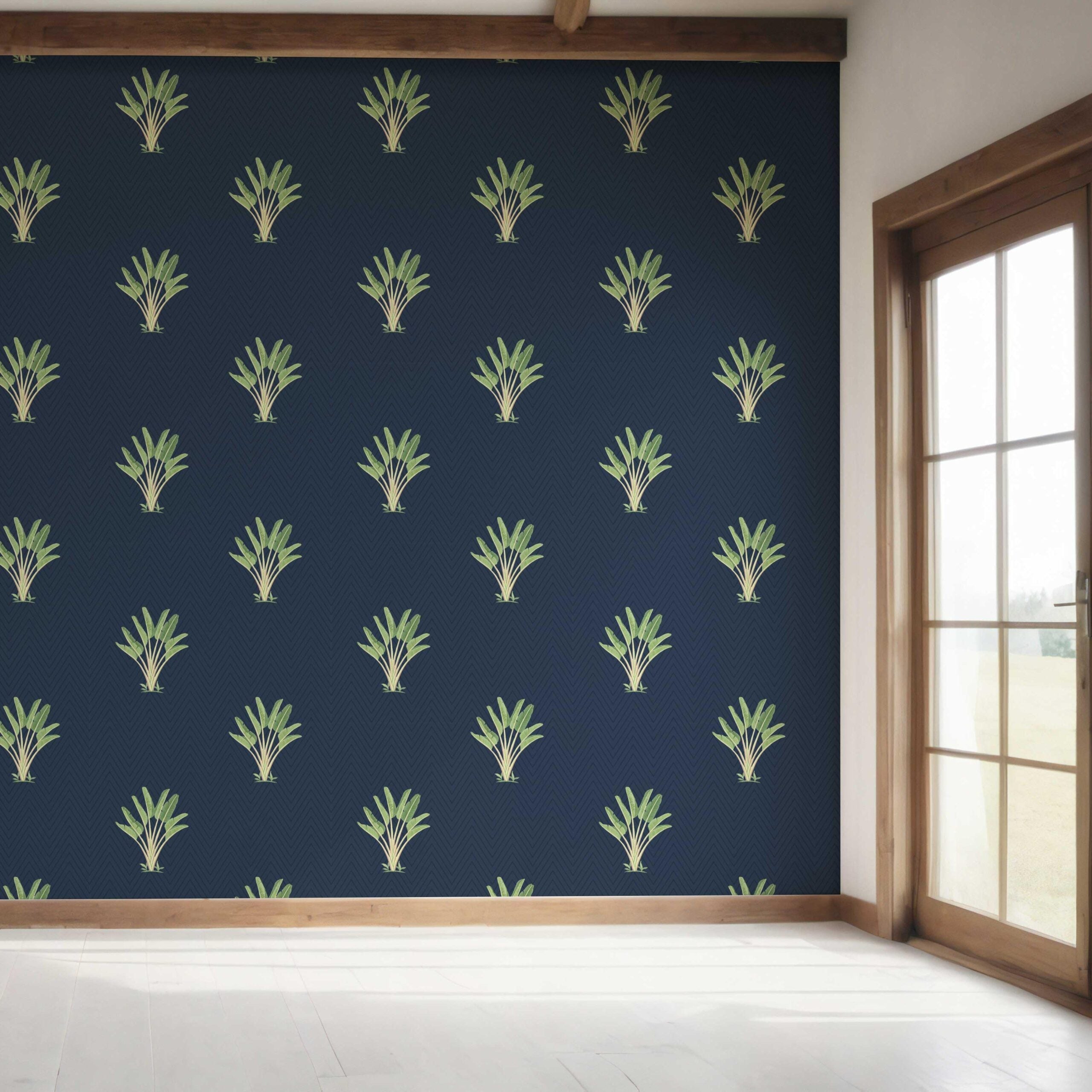 Botanical/ Floral Block Print Bedroom Wallpaper Sample (Midnight Blue/ Green)