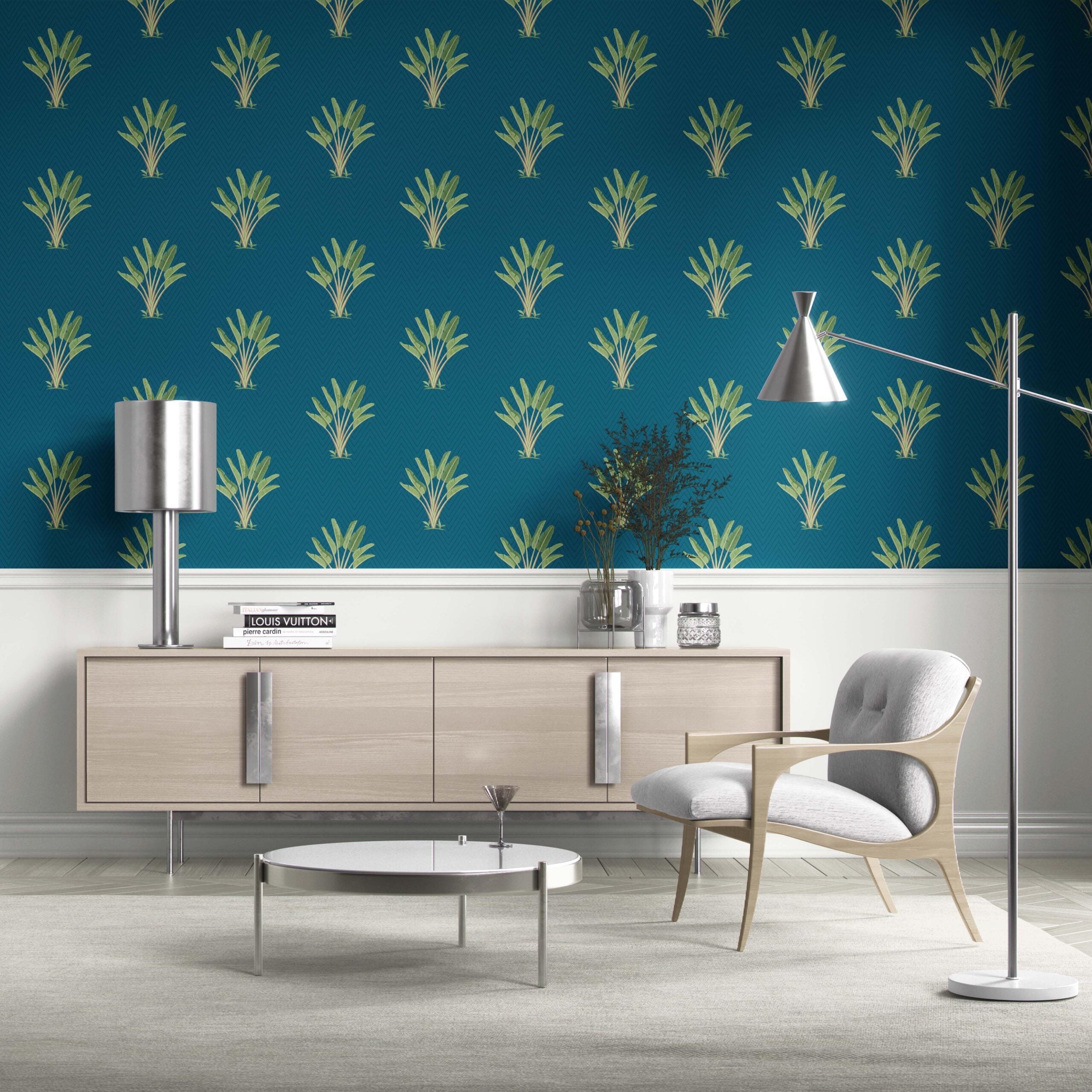 Botanical/ Floral Block Print Traditional Wallpaper Sample (Teal Blue/ Green)