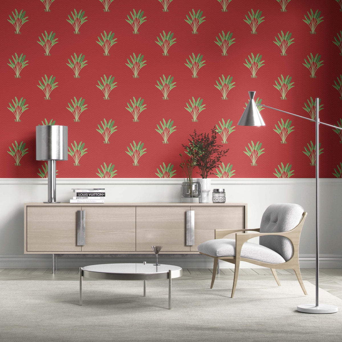 Botanical/ Floral Block Print Traditional Wallpaper (Red-Orange/ Green)