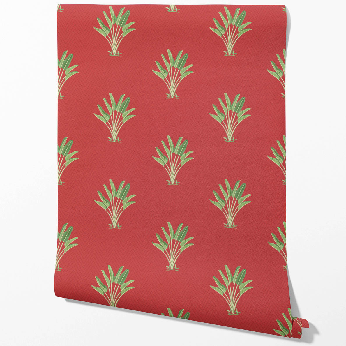 Botanical/ Floral Block Print Kitchen Wallpaper Sample (Red-Orange/ Green)