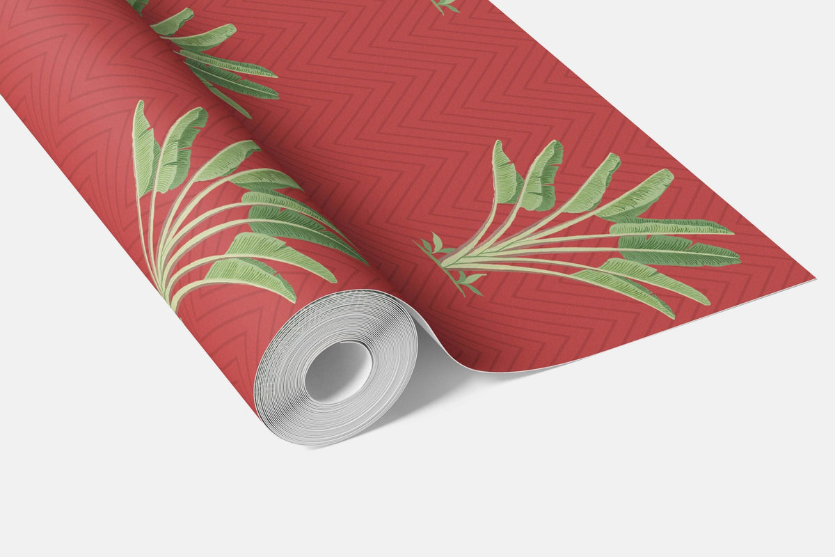 Botanical/ Floral Block Print Bathroom Wallpaper Sample (Red-Orange/ Green)