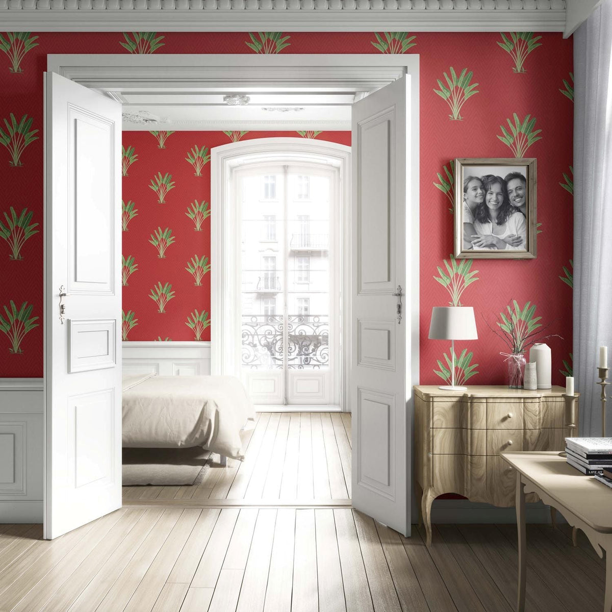 Botanical/ Floral Block Print Living Room Wallpaper Sample (Red-Orange/ Green)