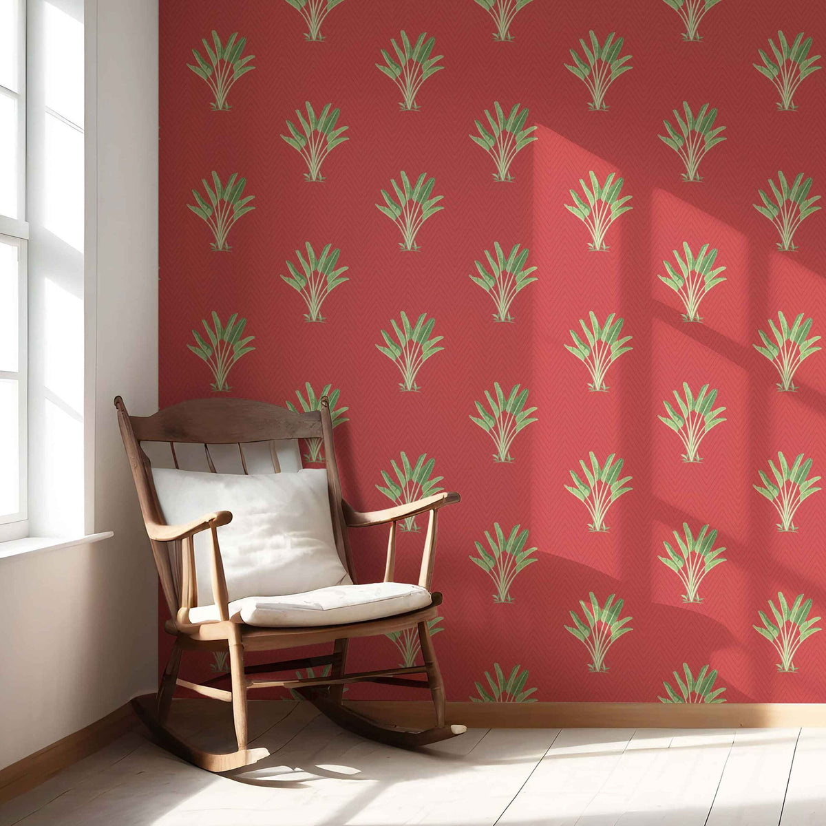 Botanical/ Floral Block Print Nursery Wallpaper Sample (Red-Orange/ Green)